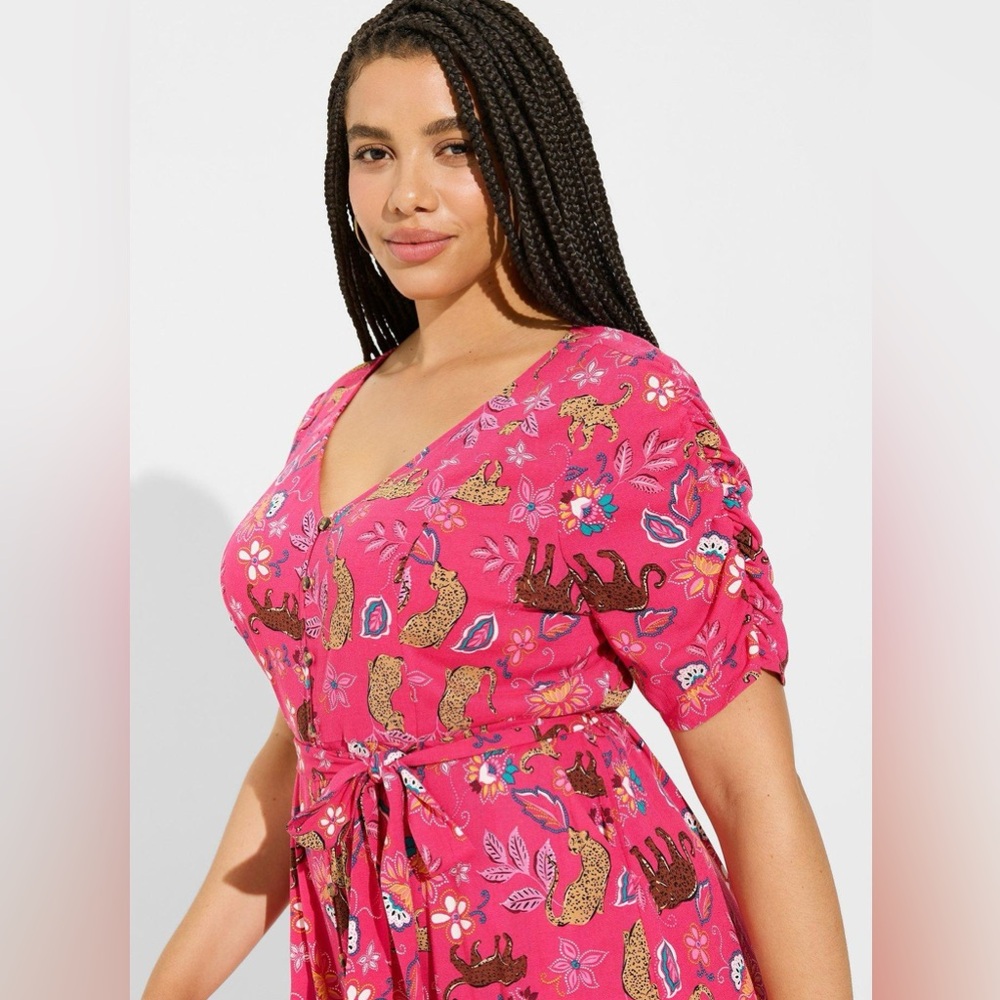 Torrid Pink Leopard Midi Rayon Slub Button Front Tie Dress Women’s Size 4X - Picture 5 of 10